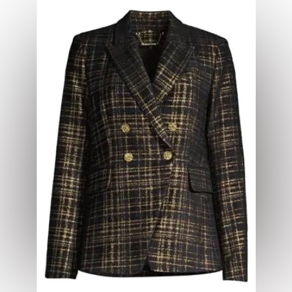 Elie Tahari Jezebel Metallic Double Breasted Tweed Blazer in Black / Gold Sz 10 - Picture 5 of 14